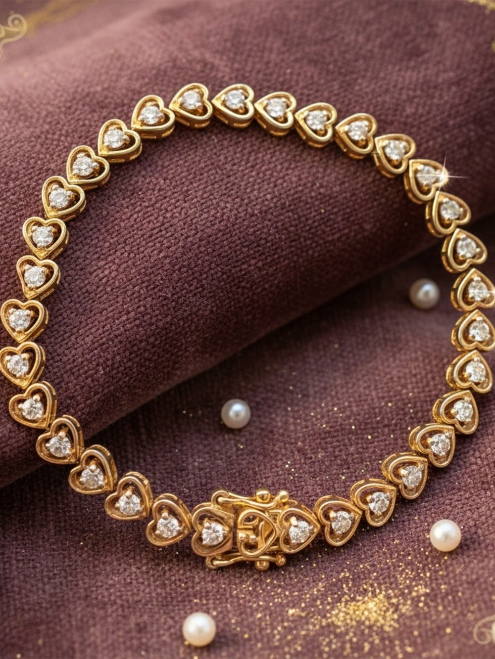 Gold Heart Link Tennis Bracelet clear zirconia stamped 925 Women Jewelry